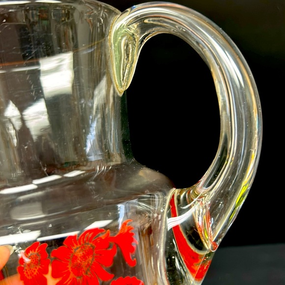 Vintage clear glass 1L pitcher and 4 matching juice glasses red sunflower design - Picture 5 of 12
